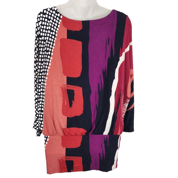 Chico's Touch of Cool Abstract Banded Hem Top Size 2 US Large Lightweight Dolman - Picture 2 of 10